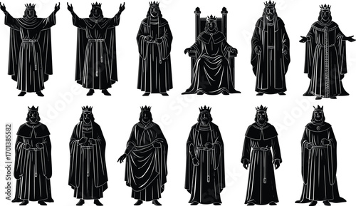 Silhouette king illustration, medieval monarch, royal crown, emperor figure, ancient ruler, throne pose, noble costume, regal authority, historical character, vector art