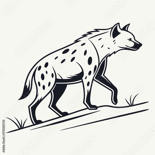 Bold monochrome illustration of a stalking spotted hyena
