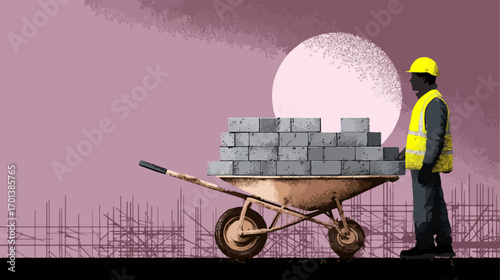 Construction worker with wheelbarrow and bricks