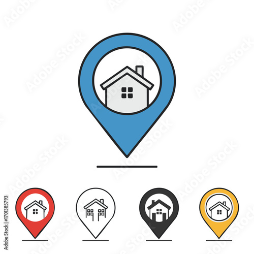 A modern vector illustration depicts a house icon nestled within a location pin, symbolizing home address, real estate, or property mapping services.