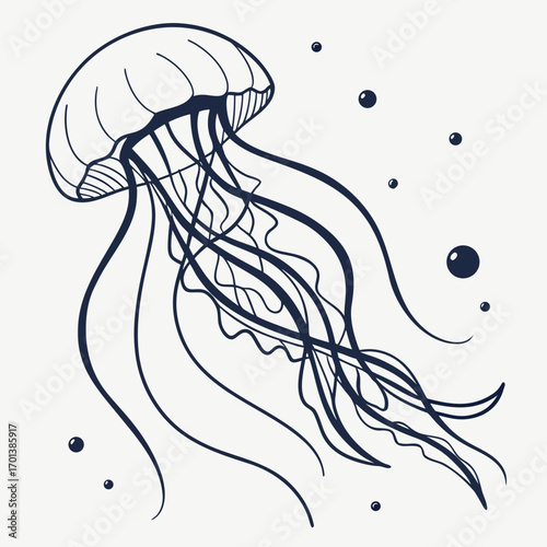 Elegant monochrome illustration of a swimming sea jellyfish