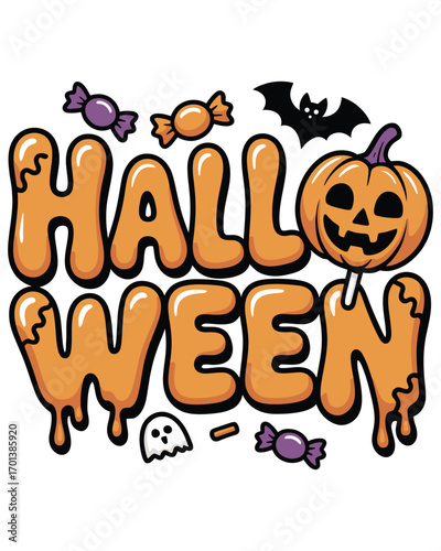 Vector art of halloween text with pumpkin, bat, ghost, and candies