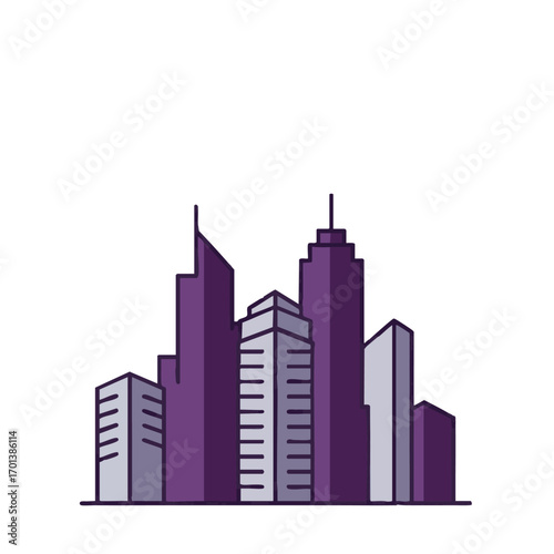A modern, minimalist illustration depicting a vibrant city skyline with diverse architectural structures, symbolizing urban development, business, and city life.