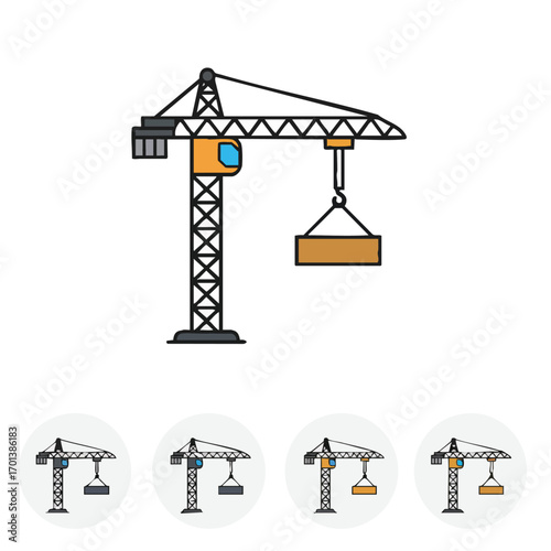 A colorful flat line vector illustration depicting a tower crane actively lifting a heavy rectangular load, symbolizing ongoing construction, industrial development, and urban growth.