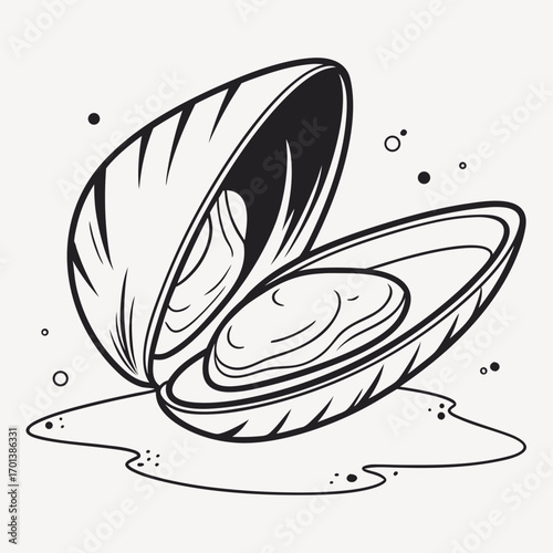 Elegant monochrome line art illustration of a fresh mussel