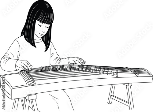 Traditional guzheng performance, Chinese musical instrument, seated player, cultural heritage, stringed zither, plucking technique, artistic sketch, music, vector, elegant