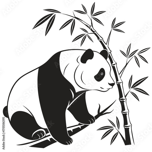 Black and white illustration of a panda on bamboo