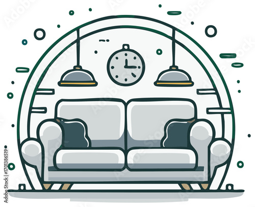 Cartoon illustration of a living room with sofa, clock, and lamps.