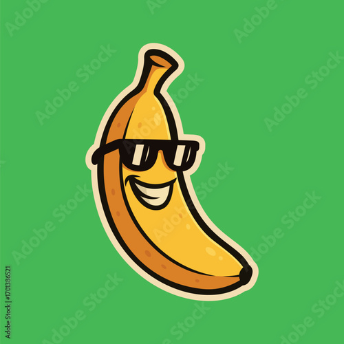 Smiling cool banana with sunglass - cartoon mascot illustration character vector clip - tee design for printing. Good for poster, wallpaper, t-shirt, gift.