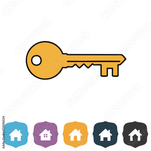 A golden key and a vibrant collection of shield icons, each containing a white house silhouette, represent concepts of home ownership, security, and property access.
