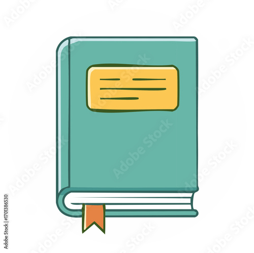 Cute cartoon illustration of a closed teal hardcover book with a label and bookmark