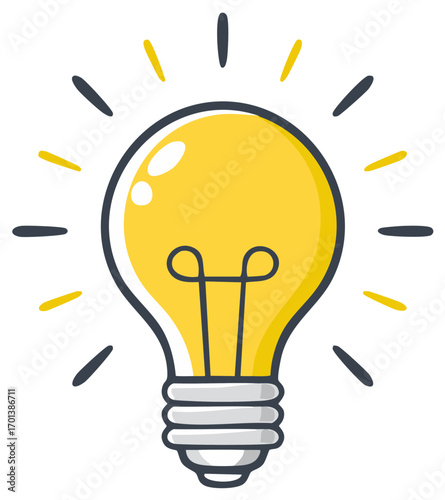 Doodle style lightbulb glowing with rays representing an idea and innovation