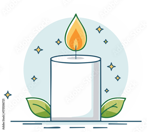 Magical glowing candle illustration with bright flame sparkles and leaves for wellness and meditation