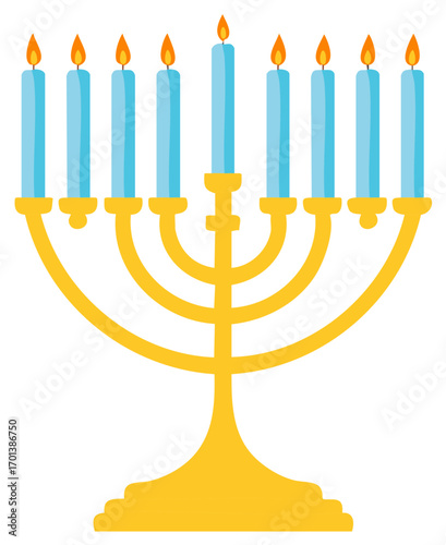 Golden Hanukkah menorah with nine lit blue candles celebrating Jewish Festival of Lights tradition