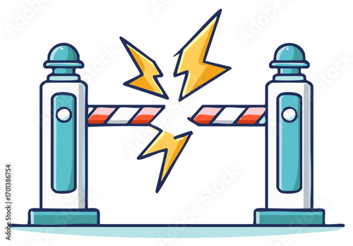 Illustration of a Barrier Gate Damaged by Lightning Striking the Red and White Security Crossing