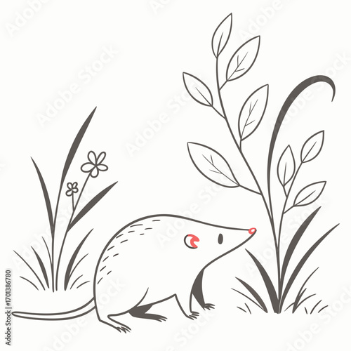 Simple line art illustration of a cute shrew in nature