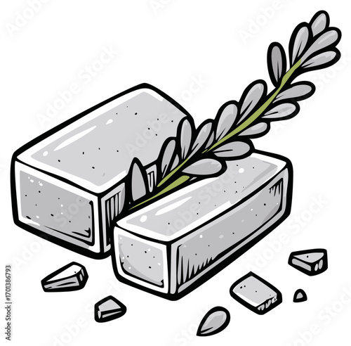 Two rectangular gray soaps with a sprig of lavender and broken soap pieces
