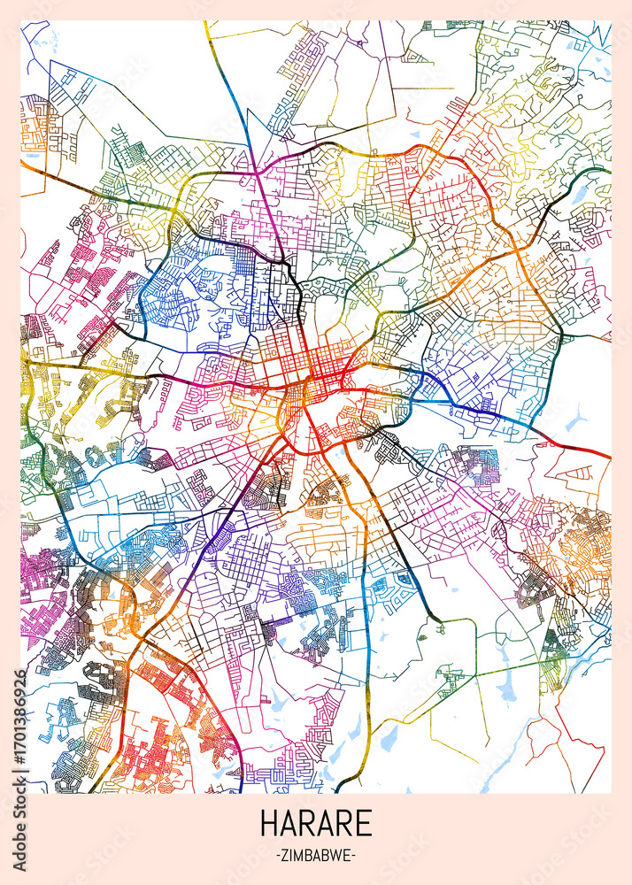 Naklejka premium Harare Zimbabwe City Map. downtown printable Landmarks print painting, travel art banner modern city, urban city art, background abstract