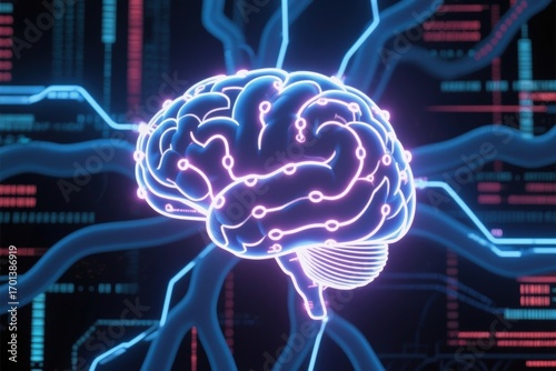 AI Artificial Intelligence, Data Science, Information technology concept. Neon brain illustration with digital circuit connections.