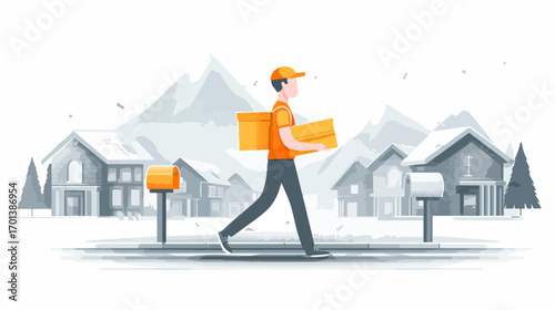 Delivery person carrying package residential area