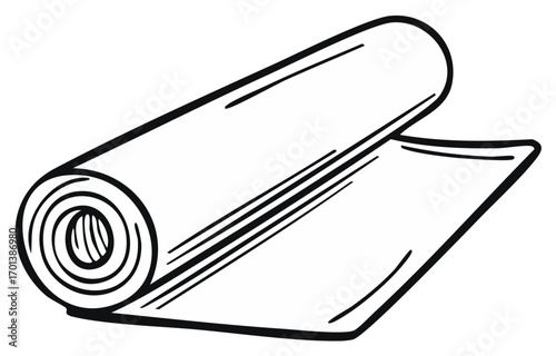 Hand drawn black and white illustration of a roll of material partially unrolled revealing the flat sheet