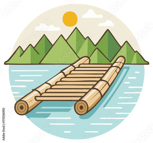 Bamboo raft floating on calm lake with green mountains and bright sun in flat illustration