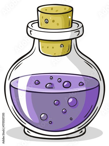 Cartoon illustration of a round glass potion bottle with a cork stopper filled with bubbling purple liquid