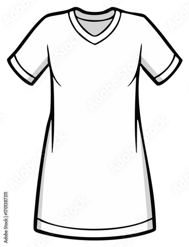 White V-Neck T-Shirt Dress Illustration: Short Sleeves, Simple Style for Fashion and Design Mockups