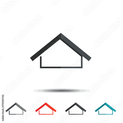 A versatile vector icon set showcasing a simple house silhouette with a distinct roofline, available in various colors for diverse graphic design.