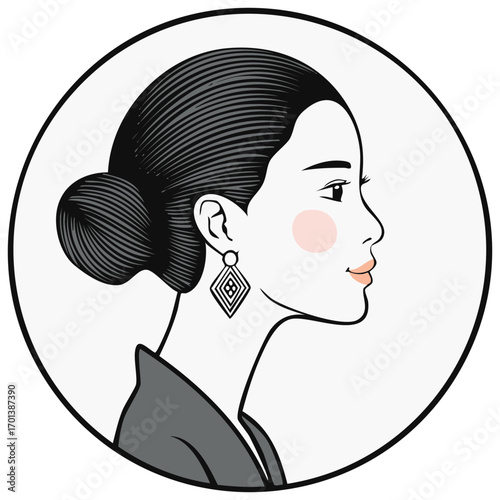 Elegant woman profile in circle frame with geometric earrings and bun hairstyle