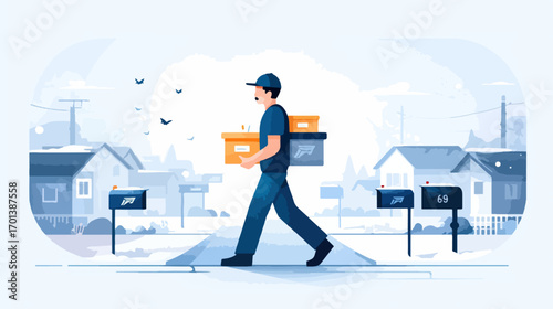 Delivery person walking in winter suburban neighborhood