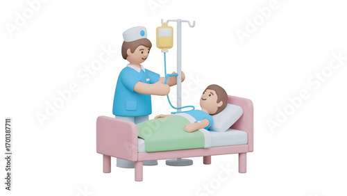 Nurse administering iv drip to patient lying in hospital bed, providing medical care and support during recovery, expressing compassion and hope.