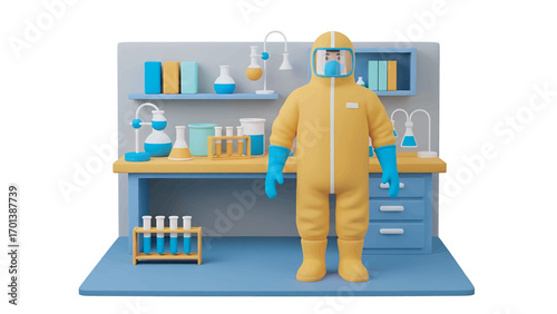 Scientist in protective suit stands in laboratory surrounded by glassware and equipment during scientific experiment, showcasing safety and precision.