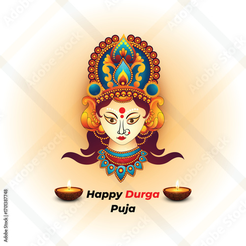 Happy Durga Puja Goddess Durga Illustration with Lamps