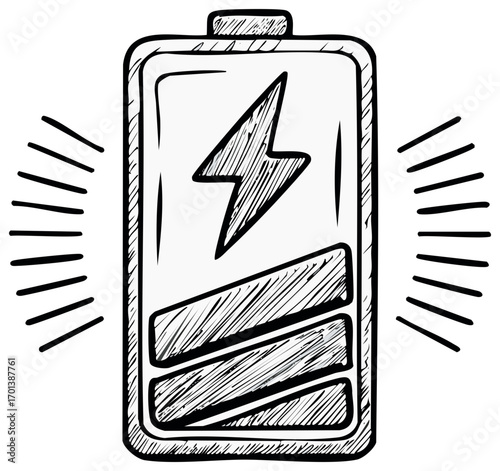 Hand Drawn Battery Charging Icon with Lightning Bolt and Radiating Energy