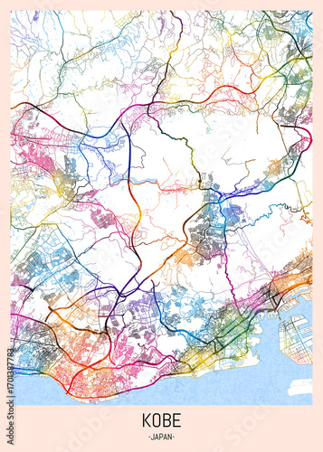 Wallpaper Mural Kobe Japan City Map. downtown printable Landmarks print painting, travel art banner modern city, urban city art, background abstract Torontodigital.ca