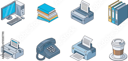 Office equipment icons with computer, printer, scanner, folders, phones, coffee cups, and workplace tools for business, corporate, and admin use