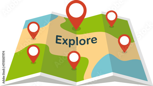 Vector art of folded map with location pins and the word explore
