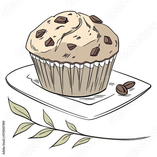 Delicious Chocolate Chip Muffin on a Plate with Coffee Beans and Leaves