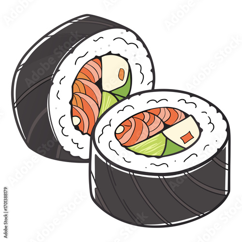 Vector illustration of traditional Japanese salmon maki sushi rolls