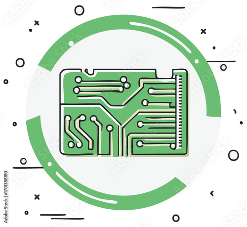 Illustration of circuit board on a green circle, technology concept.