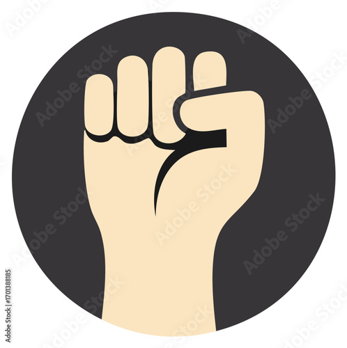 Raised fist symbol within a dark gray circle, representing unity and resistance