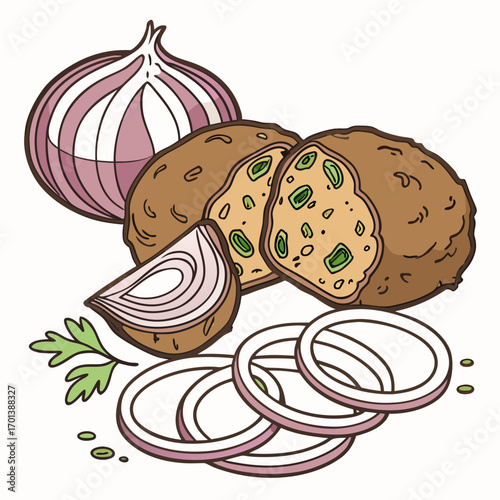 Delicious Cutlet Dish with Fresh Onion Slices and Greens