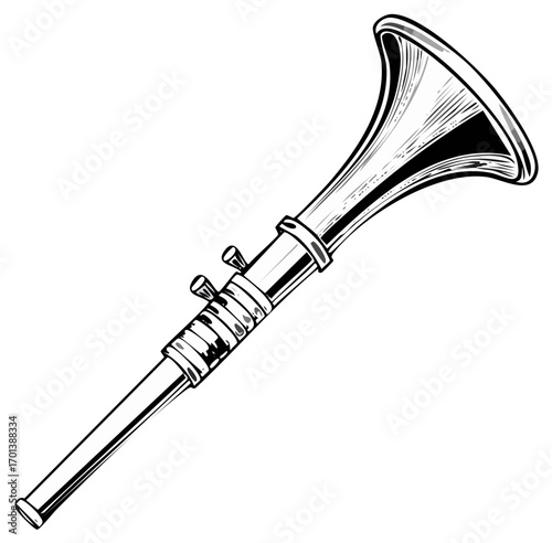 Vintage bugle with a flared bell and two valves, isolated vector illustration