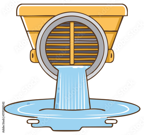 Water Wheel Illustration with Flowing Water, Sustainable Power Generation Concept