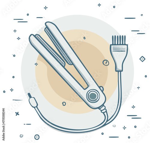 Stylized Illustration of a Ceramic Hair Straightener with Power Cord and Decorative Shapes