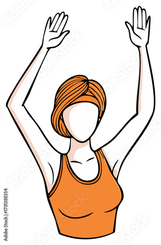 Cartoon Woman Stretching Arms Upward Fitness Routine Exercise Orange