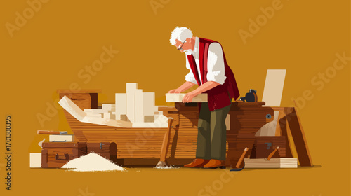 Elderly craftsman working on wooden model