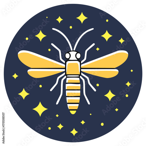 Stylized firefly or lightning bug icon with sparkling stars in a dark night sky