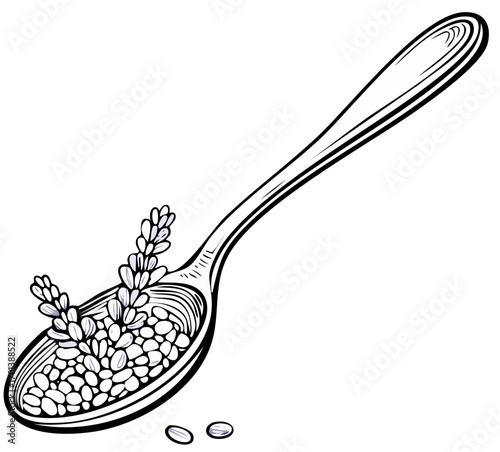 Engraved style drawing of a spoon with lavender seeds and sprigs